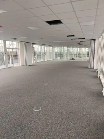 Bürofläche nach der Verlegung eines grauen Teppichbodens
