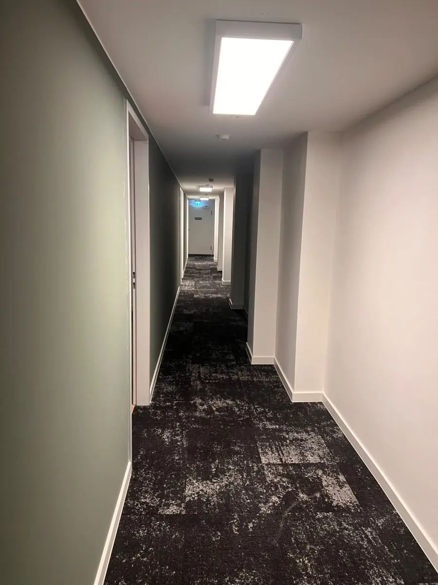 Neu verlegter dunkler Teppichboden in einem modernisierten Gewerbeflur